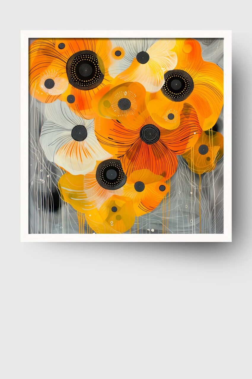 Poster mit modernen Mohnblumen in Orange und Weiß mit schwarzen Zentren vor grauem Hintergrund