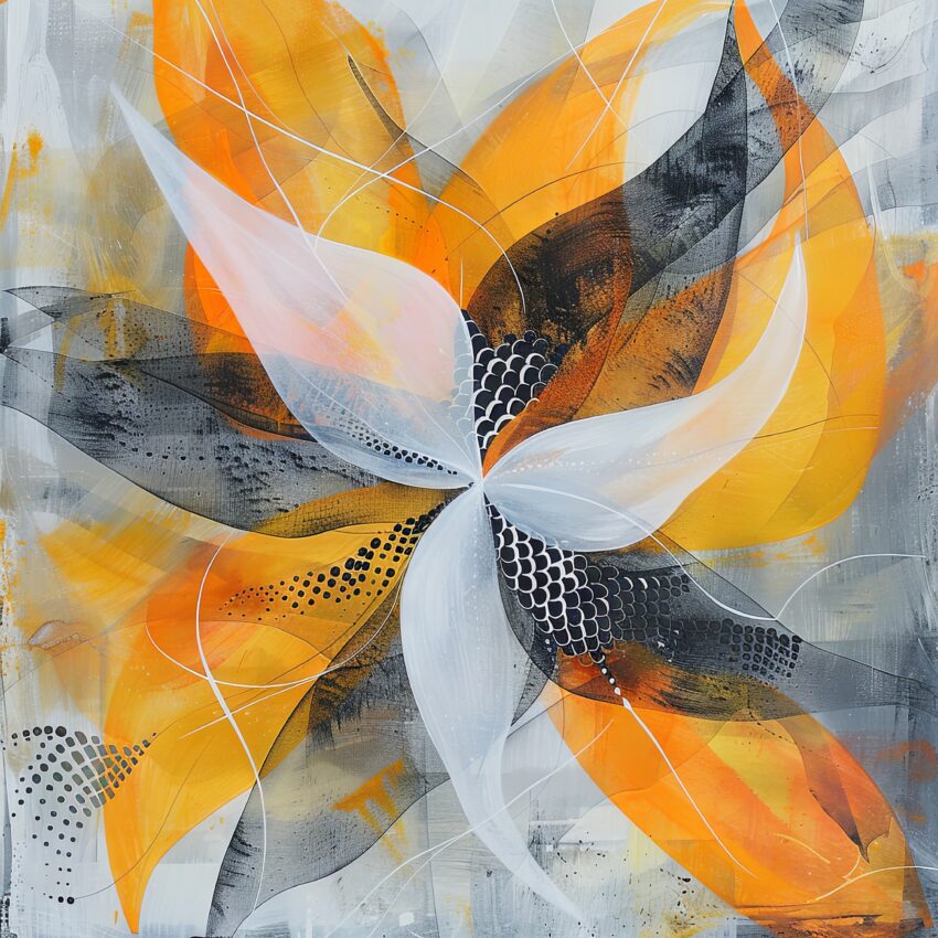 Modernes abstraktes Bild mit Blüte in Orange, Grau und Weiß als Kunstdruck oder Poster
