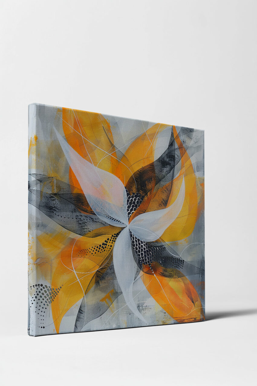 Modernes abstraktes Bild mit Blüte in Orange, Grau und Weiß als Kunstdruck oder Poster