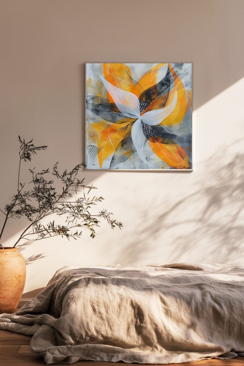 Abstraktes Poster mit Blütenform in Orange Weiß Schwarz in modernem Stil