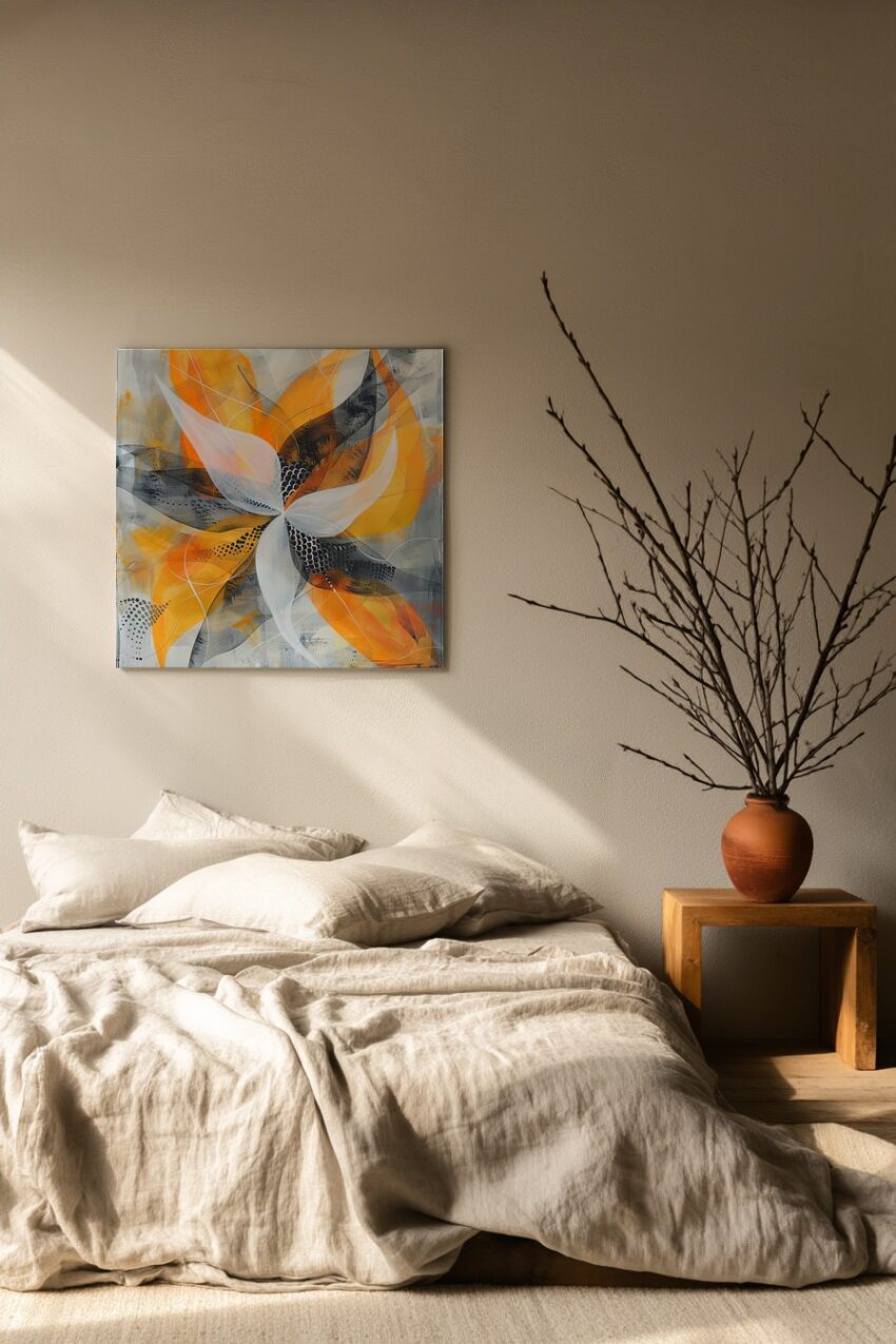 Modernes abstraktes Bild mit Blüte in Orange, Grau und Weiß als Kunstdruck oder Poster