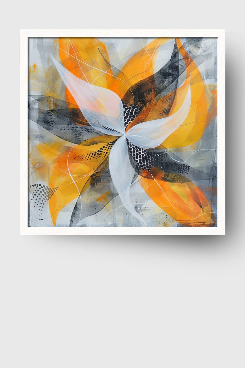 Modernes abstraktes Bild mit Blüte in Orange, Grau und Weiß als Kunstdruck oder Poster