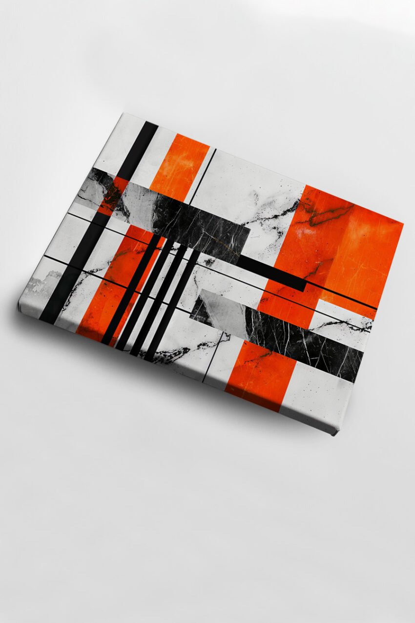 Abstraktes Poster mit geometrischem Muster, Marmorstruktur, schwarzen Linien und orangen Flächen in modernem Stil