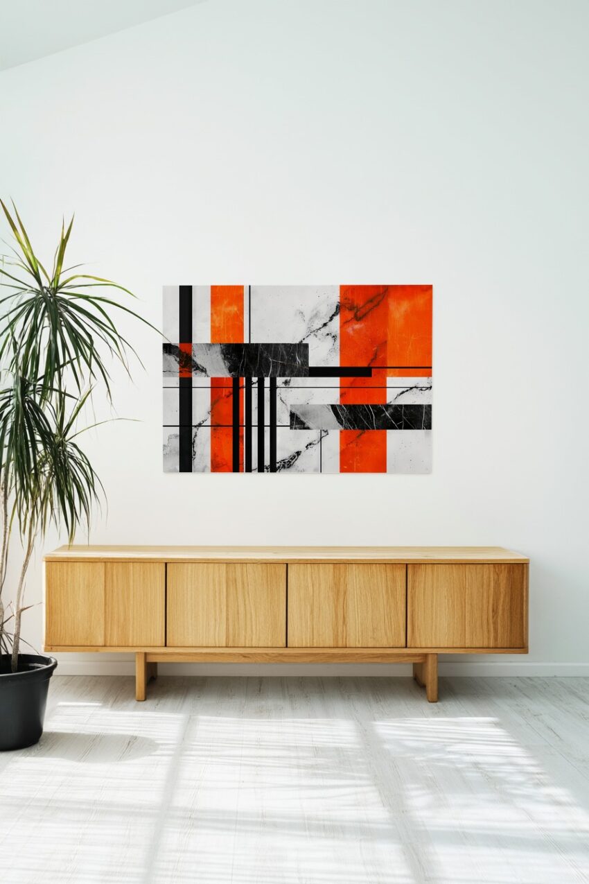 Poster mit abstrakten geometrischen Formen und Marmormustern in Schwarz, Weiß und Orange