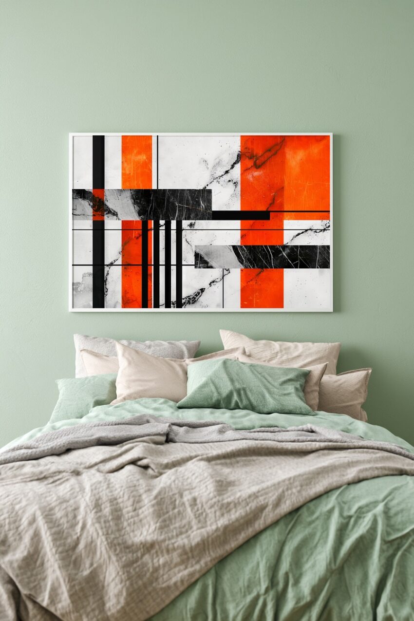 Abstraktes Poster mit geometrischem Muster, Marmorstruktur, schwarzen Linien und orangen Flächen in modernem Stil