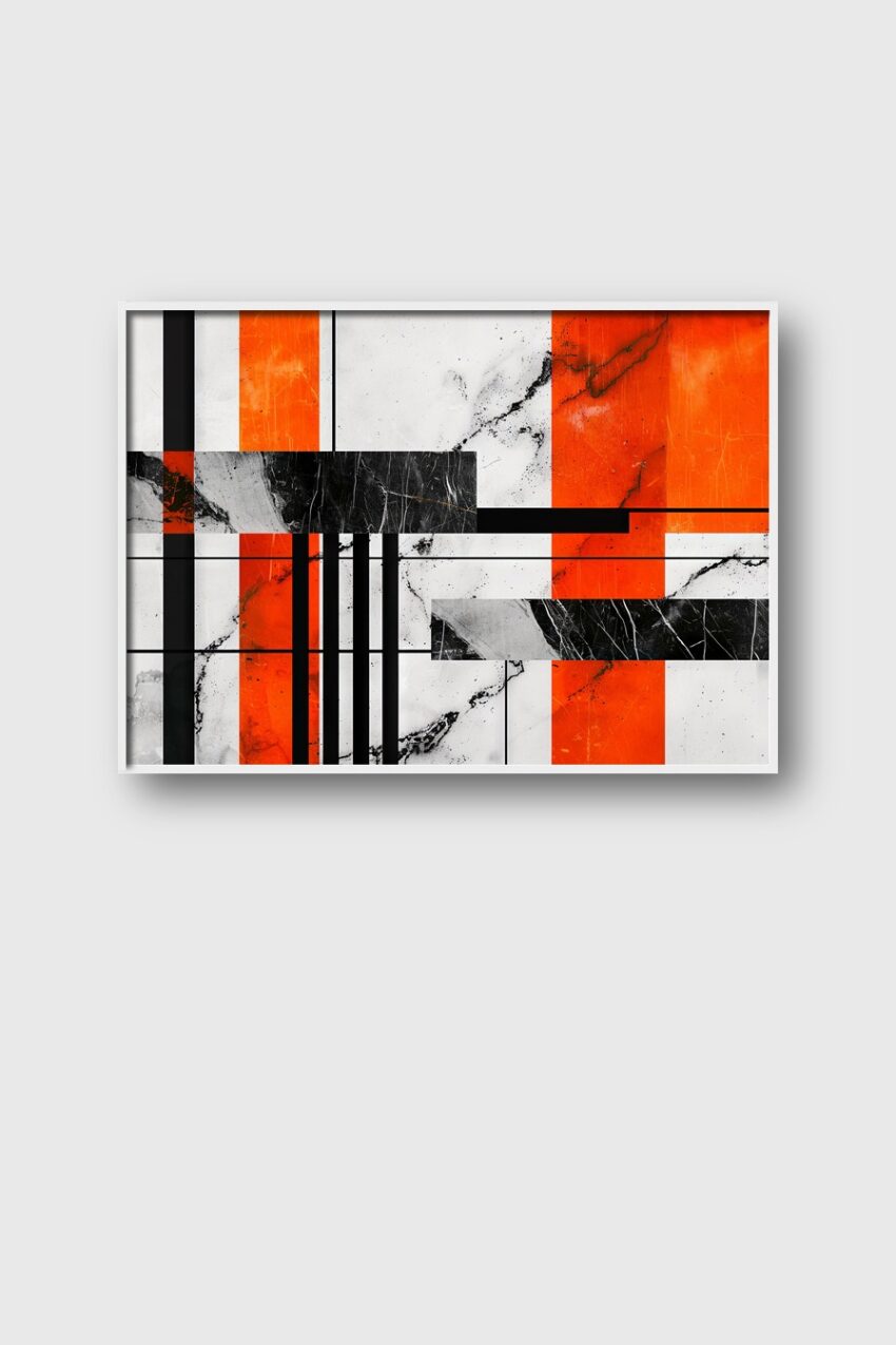 Abstraktes Poster mit geometrischem Muster, Marmorstruktur, schwarzen Linien und orangen Flächen in modernem Stil