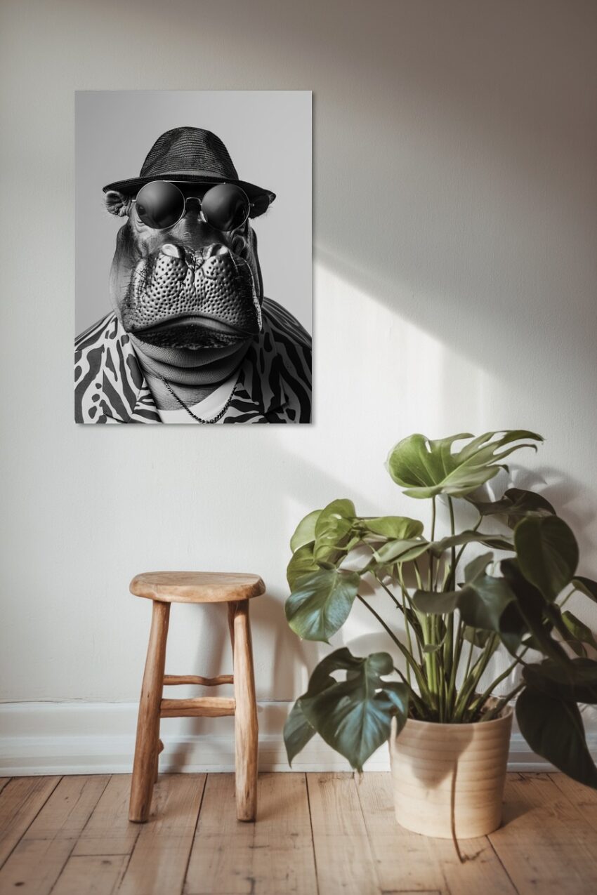 Schwarz-weißer Kunstdruck eines Nilpferds mit Sonnenbrille und Hut im modernen Stil