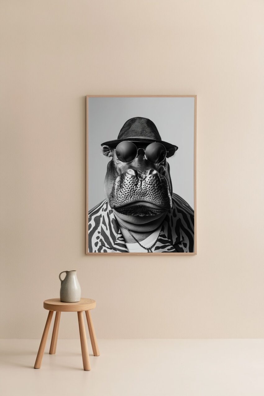 Schwarzweiß Poster mit einem Flusspferd im Anzug, Hut und Sonnenbrille als stilvolles Tierportrait