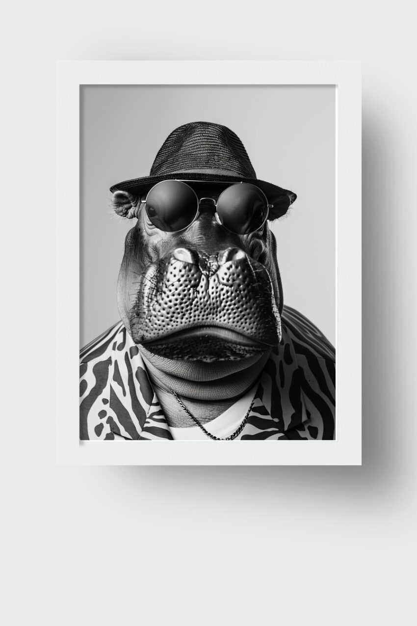 Schwarz-weißer Kunstdruck eines Nilpferds mit Sonnenbrille und Hut im modernen Stil