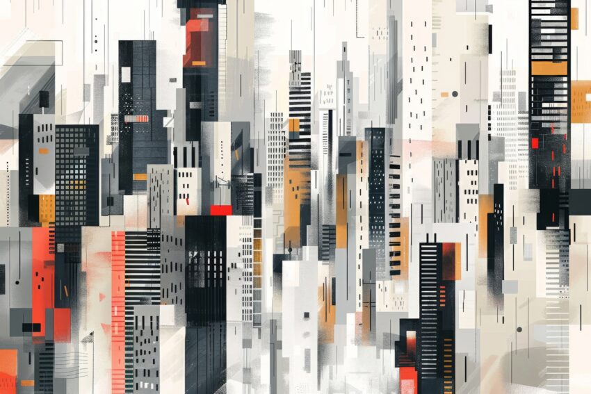 Poster mit abstrakter Stadt Skyline und Hochhäusern in Schwarz Grau Beige und Orange im modernen Stil