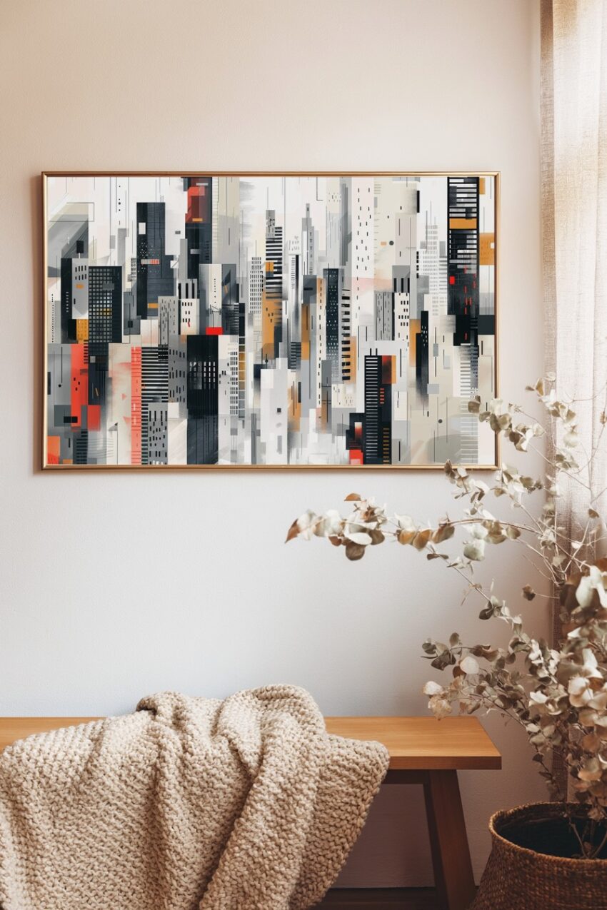 Modernes abstraktes Poster einer Stadt Skyline mit geometrischen Gebäuden in Grau, Schwarz und Orange