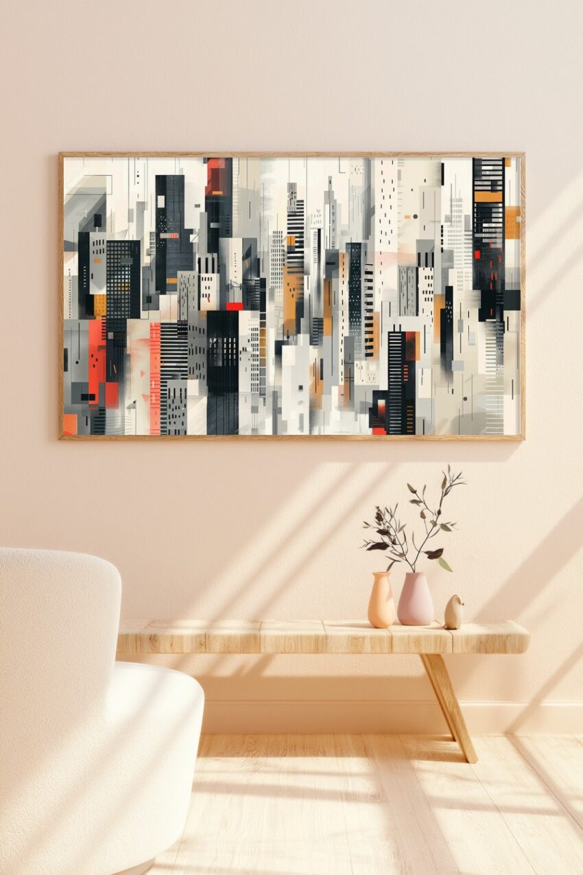 Poster mit abstrakter Stadt Skyline und Hochhäusern in Schwarz Grau Beige und Orange im modernen Stil