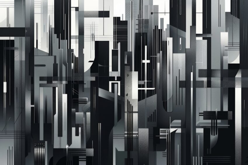 Abstrakter Kunstdruck in Schwarz und Grau mit geometrischen Stadtstrukturen und moderner Skyline