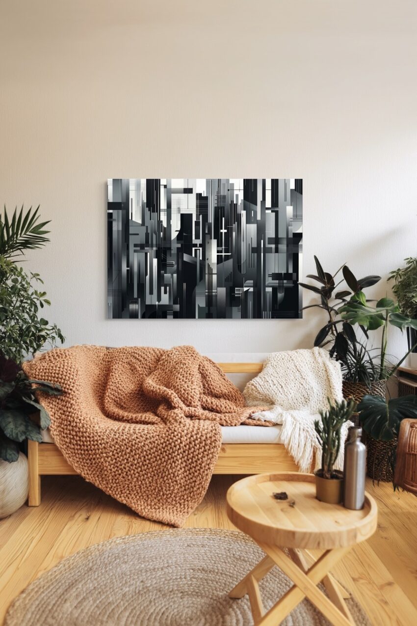 Abstrakter Kunstdruck in Schwarz und Grau mit geometrischen Stadtstrukturen und moderner Skyline