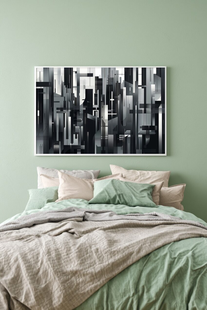 Schwarz weißes abstraktes Poster einer Stadt Silhouette mit geometrischen Formen und modernen Linien