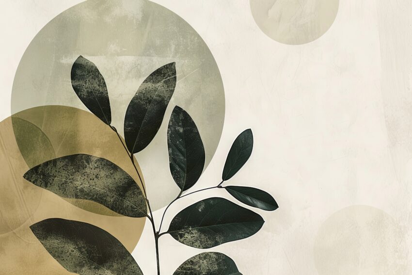 Poster mit Pflanzenzweig und dunkelgrünen Blättern vor abstrakten beige und grünen Kreisen im minimalistischen Stil