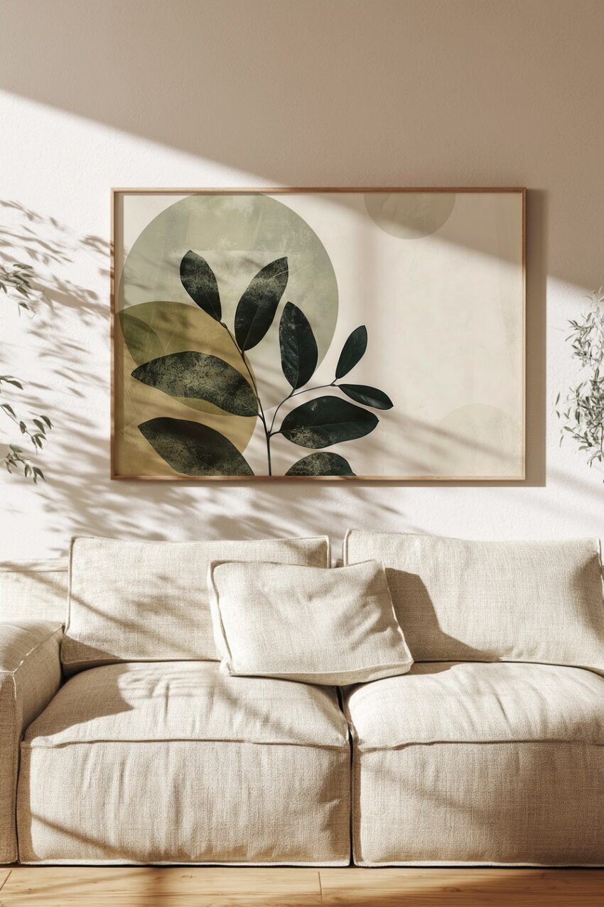 Poster mit Pflanzenzweig und dunkelgrünen Blättern vor abstrakten beige und grünen Kreisen im minimalistischen Stil