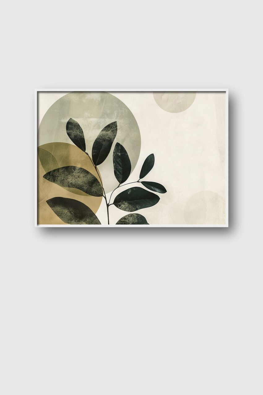 Poster mit dunklen Blättern vor abstrakten Kreisen in Beige und Grau, modernes minimalistisches Design mit Botanikelementen