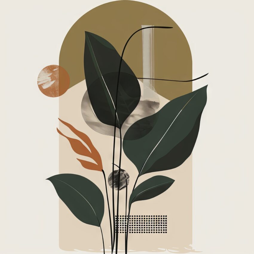 Poster mit dunkelgrünen Blättern vor abstrakten geometrischen Formen in Beige und Ocker im minimalistischen Stil