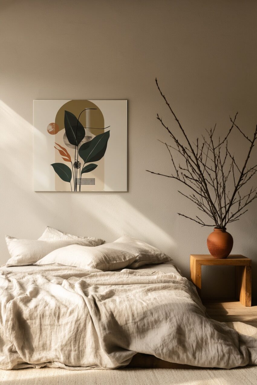 Poster mit dunkelgrünen Blättern vor abstrakten geometrischen Formen in Beige und Ocker im minimalistischen Stil