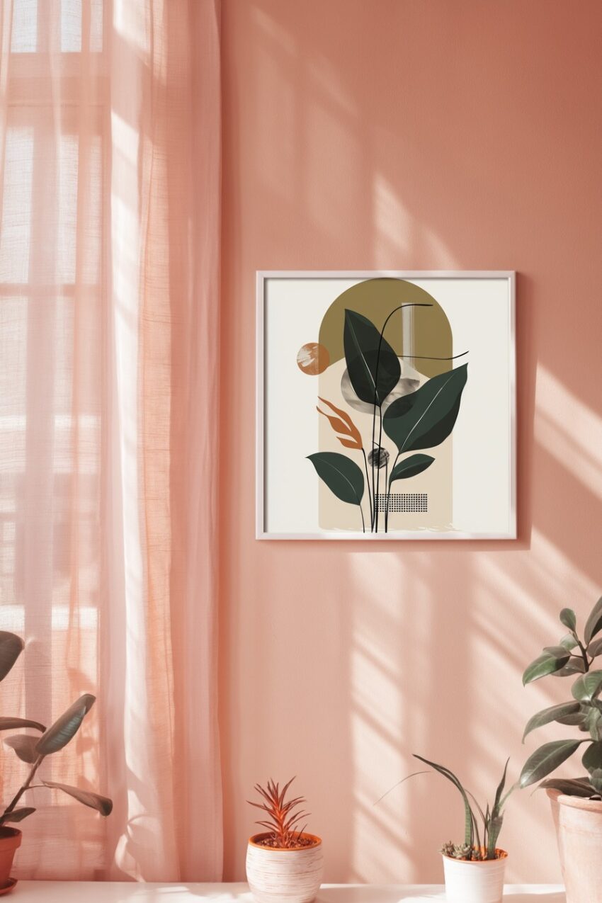 Poster mit grünen Blättern und abstrakten Formen in Beige und Braun im minimalistischen Stil