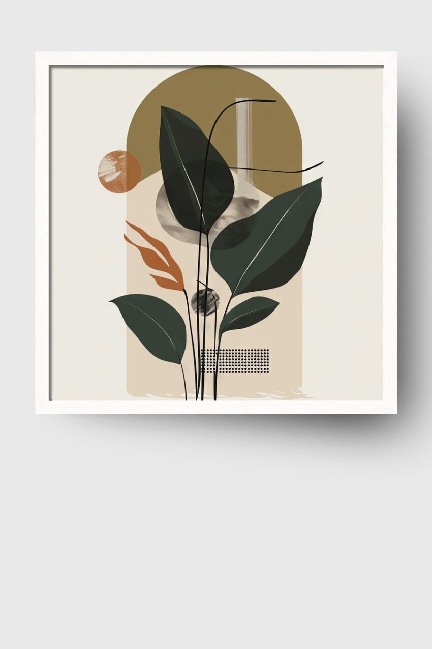 Poster mit dunkelgrünen Blättern vor abstrakten geometrischen Formen in Beige und Ocker im minimalistischen Stil