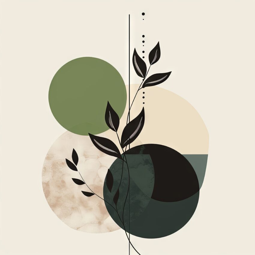 Moderner Poster mit schwarzen Blättern und farbigen Kreisen in Grün und Beige als minimalistisches Design