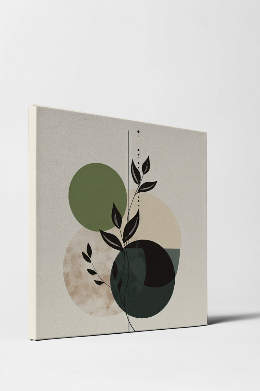 Poster mit schwarzer Blattgrafik und geometrischen Kreisen in Grün, Beige und Schwarz, modernes minimalistisches Design