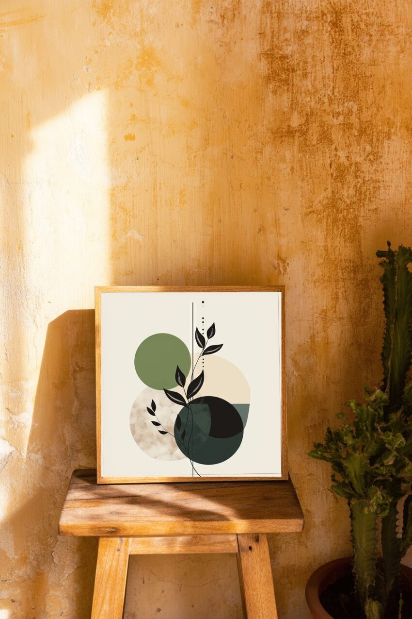 Moderner Kunstdruck mit schwarzen Blättern und geometrischen Kreisen in Beige und Grün in minimalistischem Stil