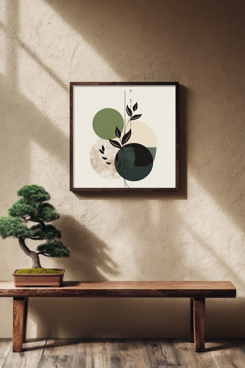 Poster mit schwarzer Blattgrafik und geometrischen Kreisen in Grün, Beige und Schwarz, modernes minimalistisches Design