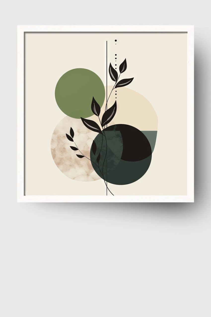 Poster mit schwarzer Blattgrafik und geometrischen Kreisen in Grün, Beige und Schwarz, modernes minimalistisches Design