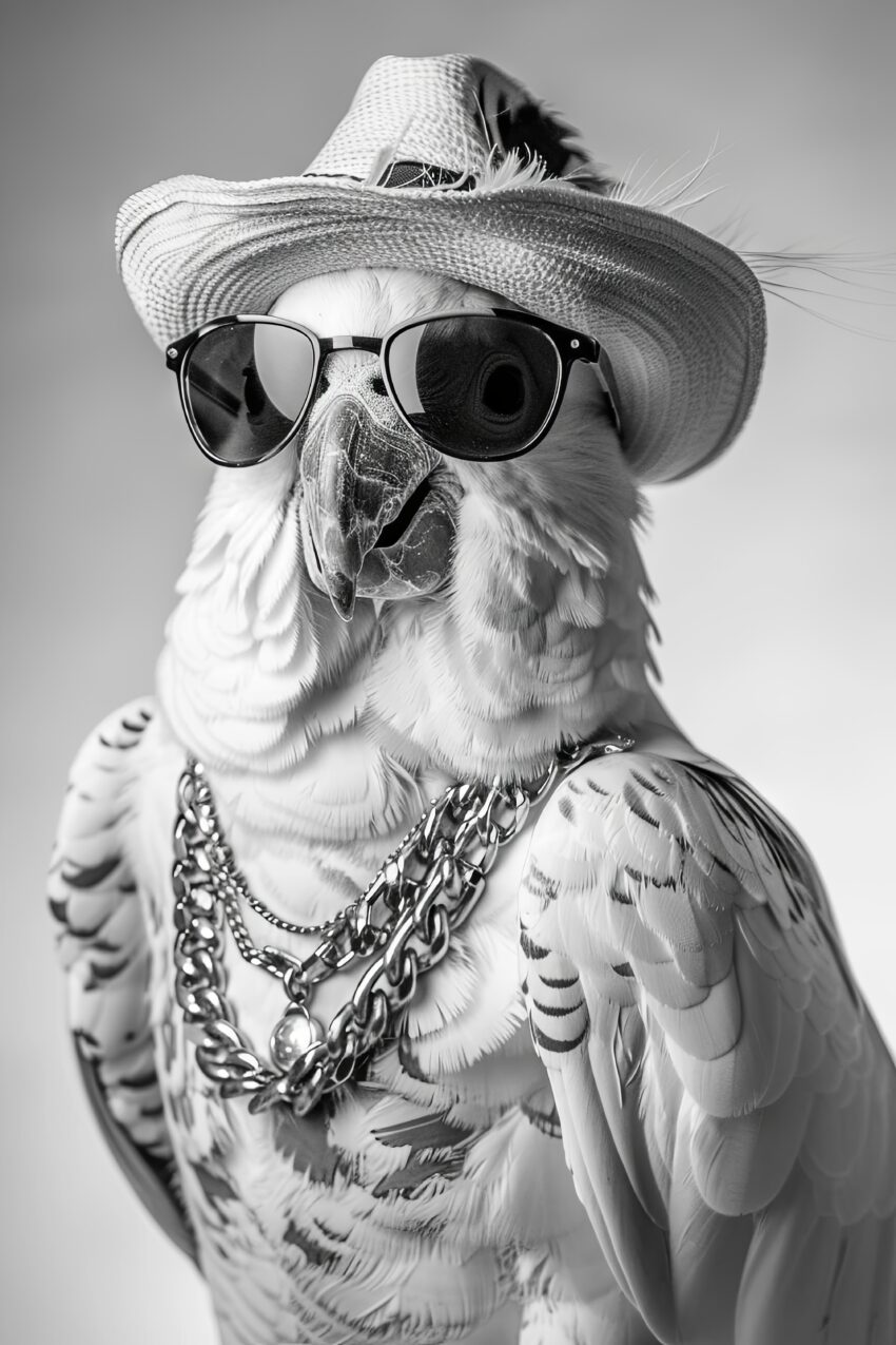 Schwarz Weiß Poster eines Papageis mit Sonnenbrille, Hut und Ketten als modisches Tierportrait