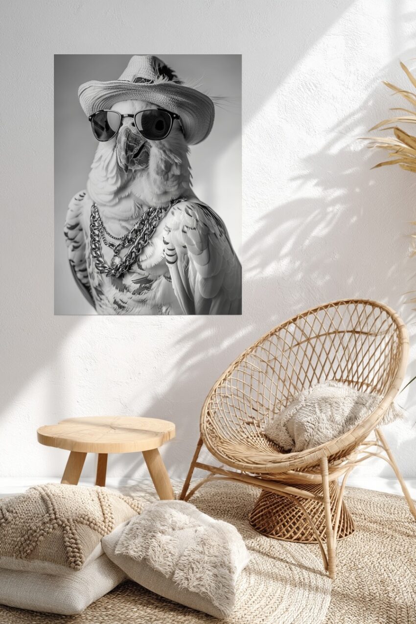 Schwarz-weiß Poster eines Papageis mit Sonnenhut, Sonnenbrille und Ketten in stilvollem Porträtstil