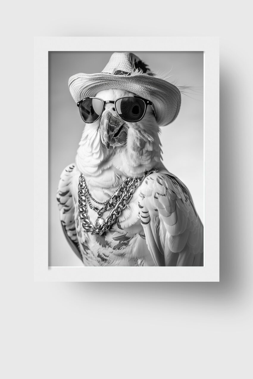 Schwarzweiß Poster mit Papagei in Hut, Sonnenbrille und Ketten als modisches Tierportrait