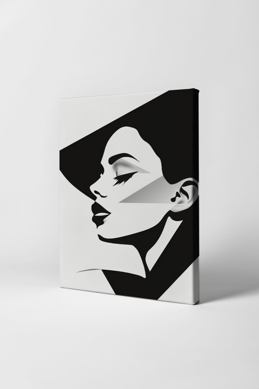 Schwarz Weiß Poster mit minimalistischem Frauenporträt im Seitenprofil als Kunstdruck