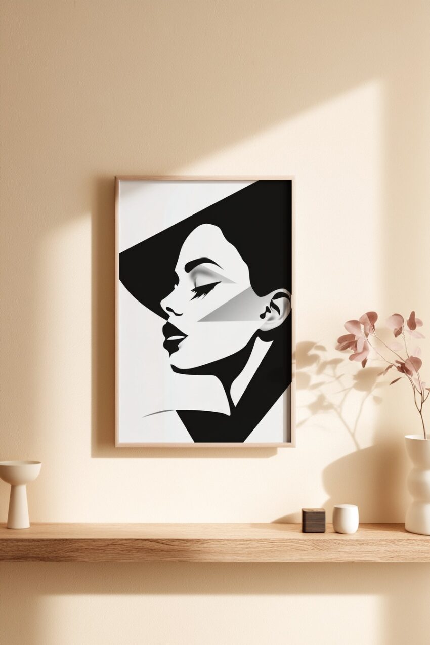 Schwarz Weiß Poster mit minimalistischem Frauenporträt im Seitenprofil als Kunstdruck