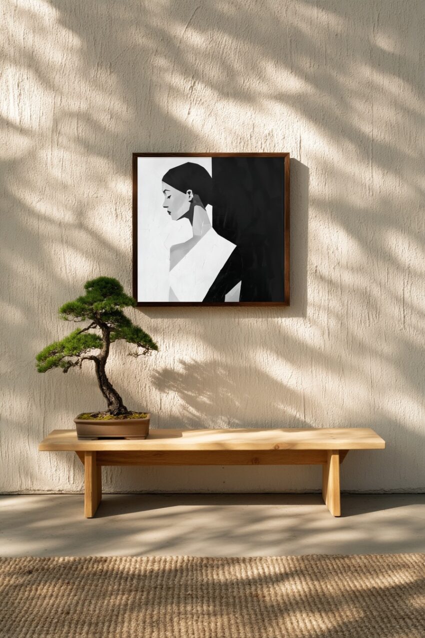 Schwarz-Weiß Poster mit Seitenprofil einer Frau in minimalistischem Stil