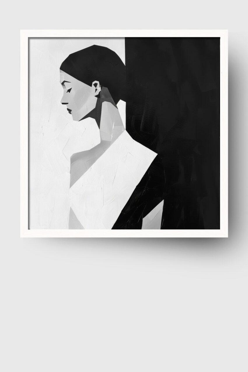 Schwarz-Weiß Poster mit Seitenprofil einer Frau in minimalistischem Stil