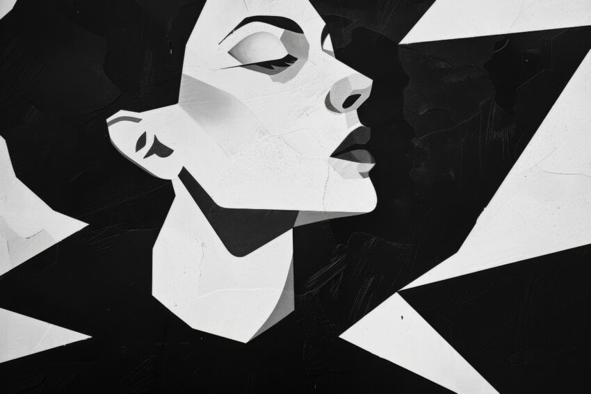 Schwarz-weißer Kunstdruck eines stilisierten Frauengesichts im abstrakten Profil mit klaren Formen und Kontrasten