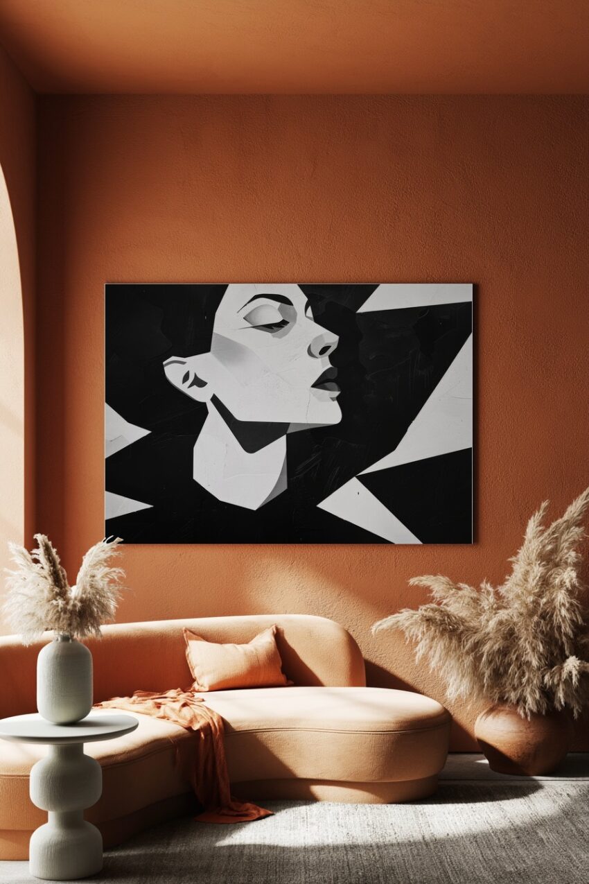 Schwarz-weißer Kunstdruck eines stilisierten Frauengesichts im abstrakten Profil mit klaren Formen und Kontrasten