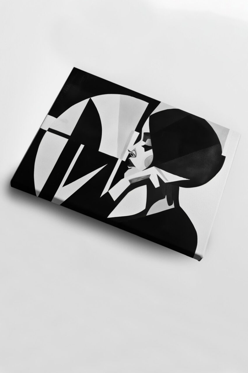 Schwarz-weiß abstraktes Frauenporträt mit geometrischen Formen als Kunstdruck