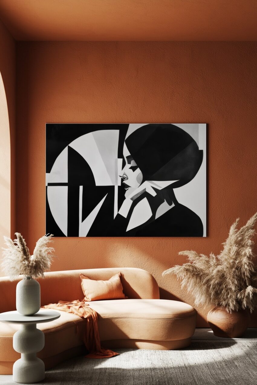 Schwarz-weiß abstraktes Frauenporträt mit geometrischen Formen als Kunstdruck