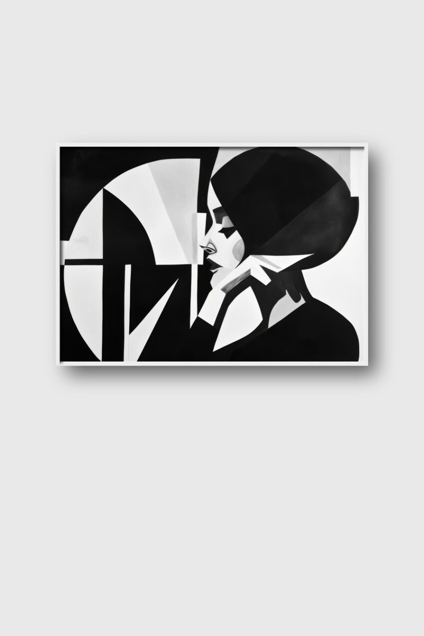 Schwarz-weiß abstraktes Frauenporträt mit geometrischen Formen als Kunstdruck