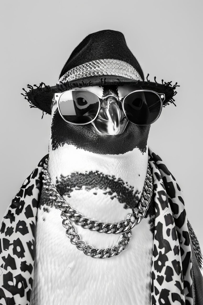 Schwarz-weiß Kunstdruck eines stilvollen Pinguins mit Sonnenbrille, Hut und Ketten als coole Tierillustration.