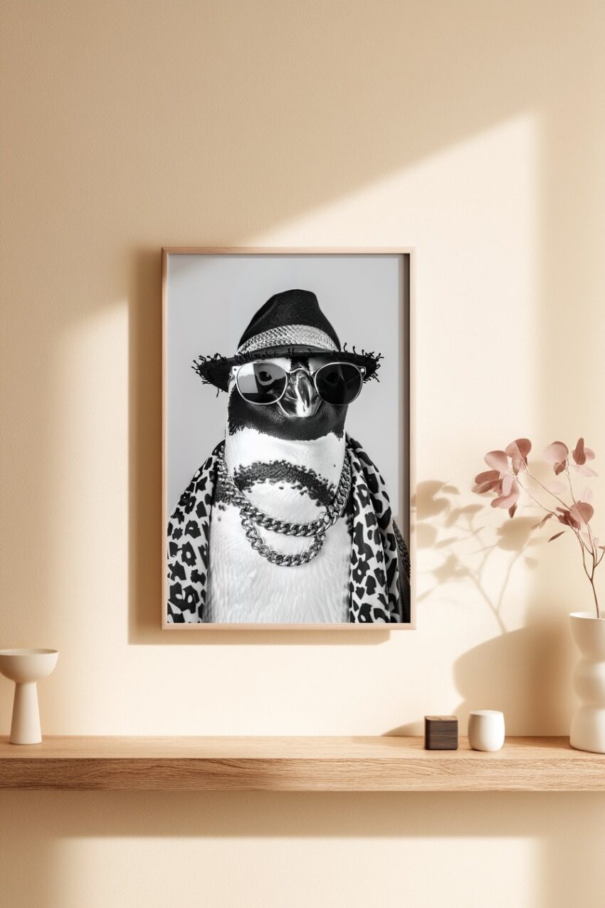 Schwarzweiß Poster eines Pinguins mit Sonnenbrille, Hut und Schmuck im modernen Stil