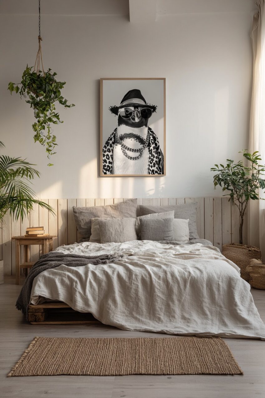 Schwarz Weiß Poster eines Pinguins mit Sonnenbrille, Hut und Leopardenmuster Schal als cooler Mode Kunstdruck