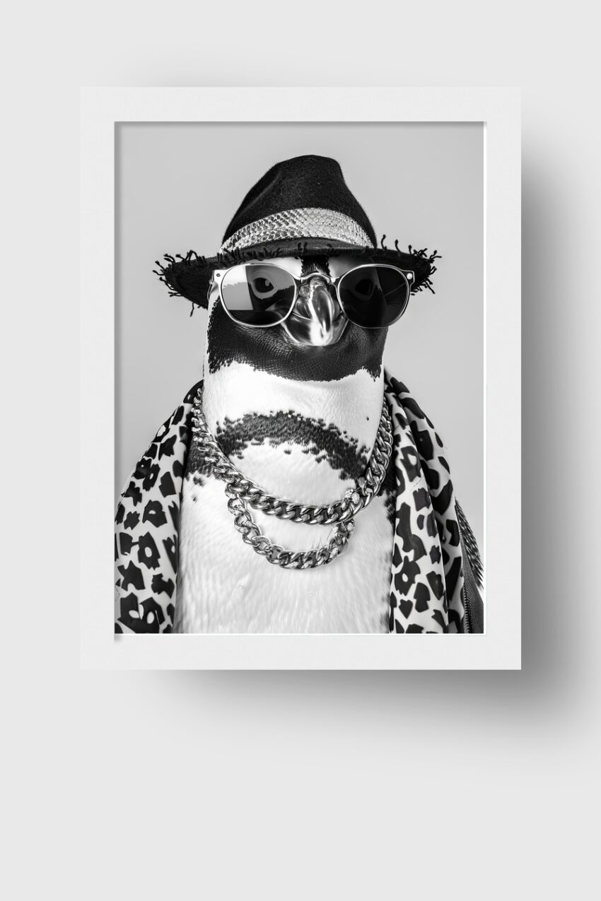 Schwarz Weiß Poster eines Pinguins mit Sonnenbrille, Hut und Leopardenmuster Schal als cooler Mode Kunstdruck