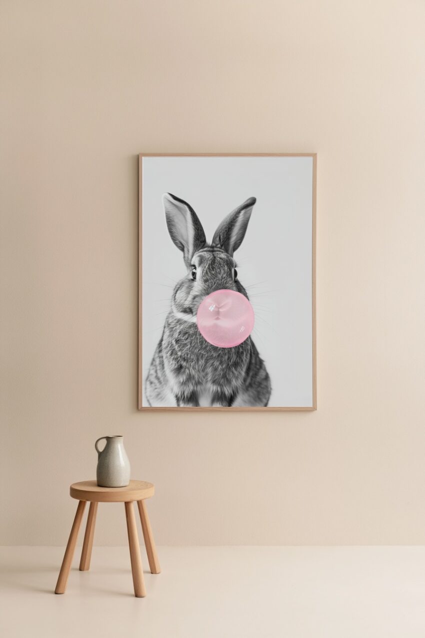 Poster eines Kaninchens mit rosa Kaugummiblase in Schwarz-Weiß mit farblicher Akzentuierung