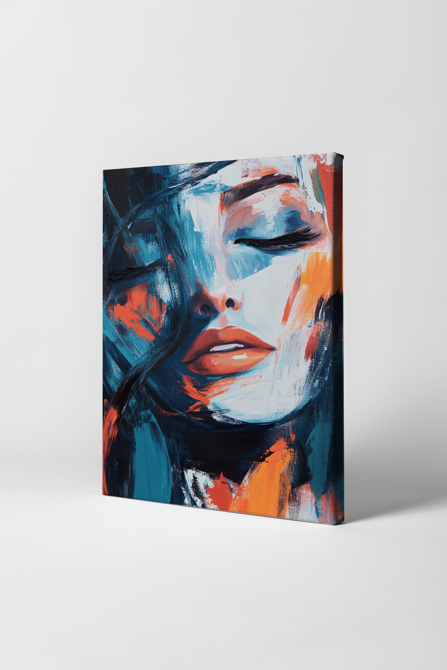 Abstraktes Frauenportrait mit geschlossenen Augen in blauen und orangen Farbtönen als Kunstdruck