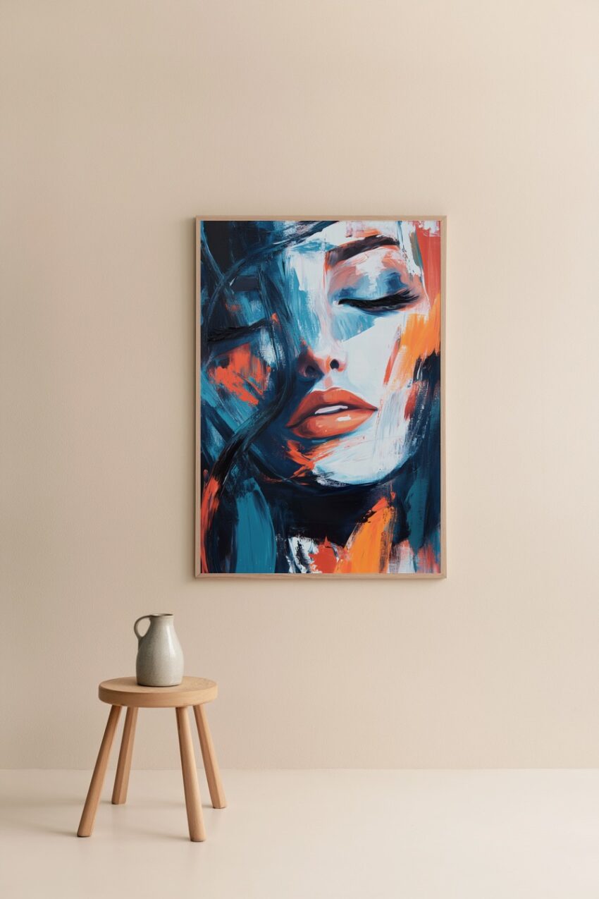 Abstraktes Frauenportrait mit geschlossenen Augen in blauen und orangen Farbtönen als Kunstdruck